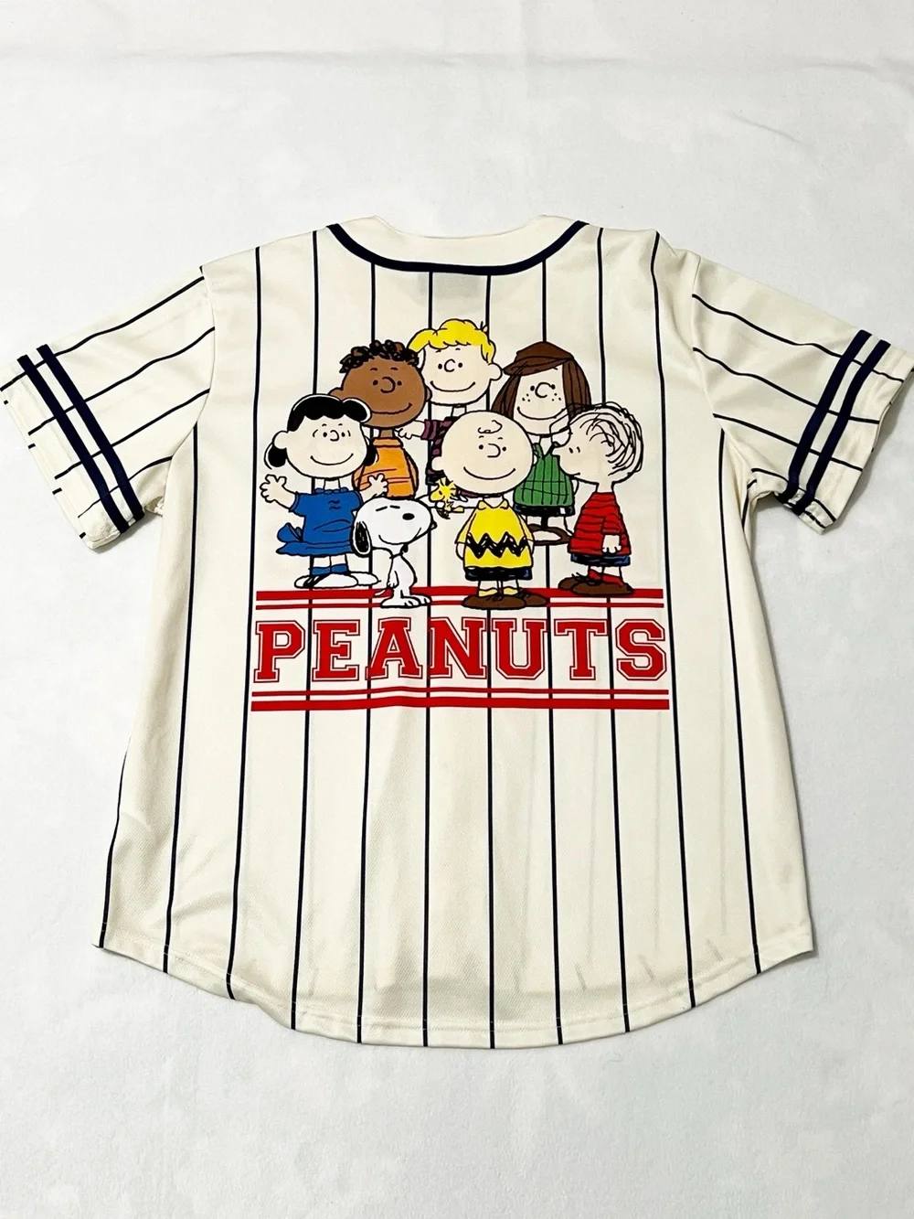 Peanuts Cream Stripes Graphic Jersey Button Down Sporty Athletic XL
